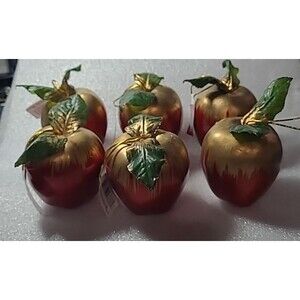 6 Vintage Red/Gold Apple Christmas Ornaments  w/green leaves - NEW